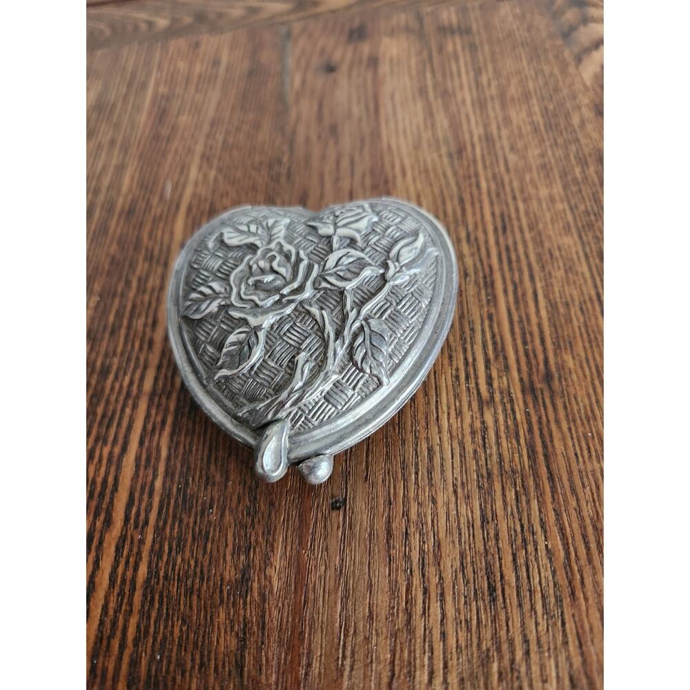 Vintage Pewter Basket Weave Rose Double Compact Locket Style Mirror